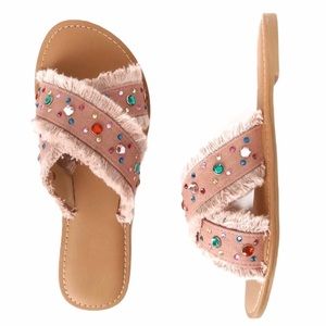 New Qupid pink blush embellished distress jewel slides sandals size 5.5